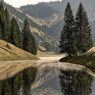 Index of Broken Halos style, Midjourney V7: realistic landscape photograph of quiet dawn