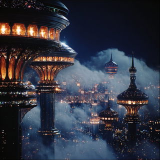 Moonwell Brocade style, Midjourney V7: megacity with futuristic bioarchitecture