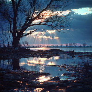 Moonwell Brocade style, Midjourney V7: realistic landscape photograph of quiet dawn