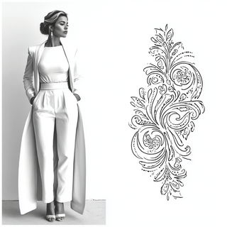 Lithoridge Circulars style, Midjourney V7: haute-couture fashion outfit
