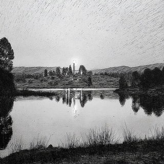 Stratacross style, Midjourney V7: realistic landscape photograph of quiet dawn