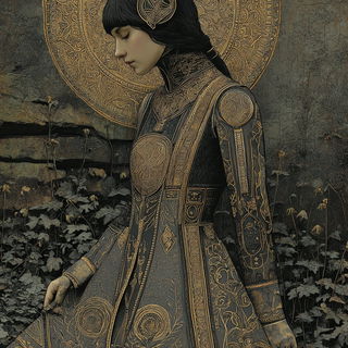 Ravenleaf Calligraphics style, Midjourney V7: haute-couture fashion outfit
