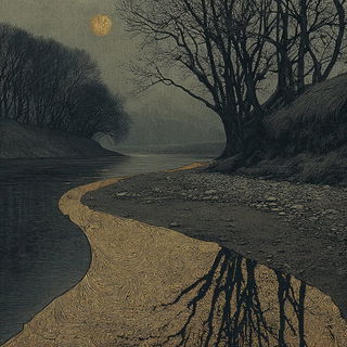 Ravenleaf Calligraphics style, Midjourney V7: realistic landscape photograph of quiet dawn