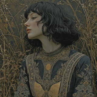Ravenleaf Calligraphics style, Midjourney V7: photographic portrait of female protagonist
