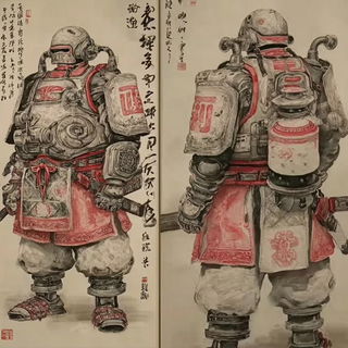 Mistrune style, Midjourney V7: concept art character design of retropunk steam knight