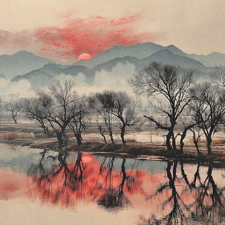 Mistrune style, Midjourney V7: realistic landscape photograph of quiet dawn