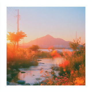 Freckleburn Chromaticism style, Midjourney V7: realistic landscape photograph of quiet dawn