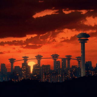 Archfire Vignettes style, Midjourney V7: megacity with futuristic bioarchitecture