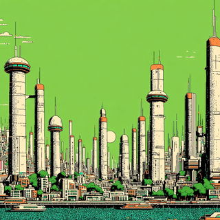 Pulp Tattoo Futurism style, Midjourney V7: megacity with futuristic bioarchitecture