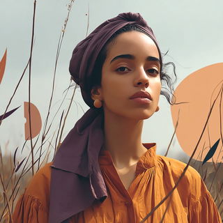 Corallavender Wildmachina style, Midjourney V7: photographic portrait of female protagonist