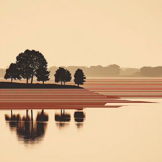 Woodcutana style, Midjourney V7: realistic landscape photograph of quiet dawn