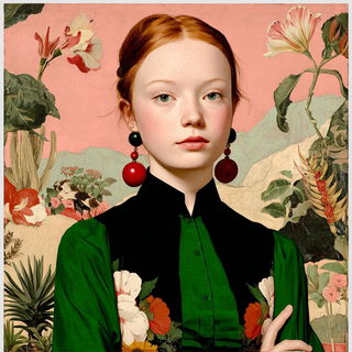 Feathergilt style, Midjourney V7: photographic portrait of female protagonist