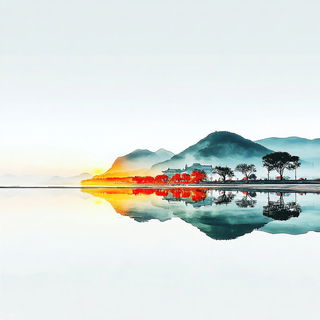 Washmount style, Midjourney V7: realistic landscape photograph of quiet dawn