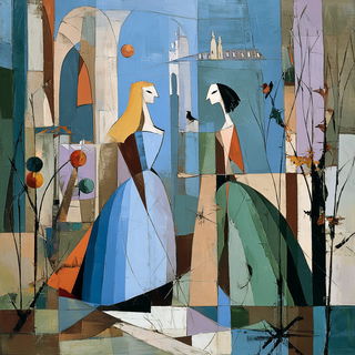 Vesselfolk Cubism style, Midjourney V7: retro fairy-tale illustration