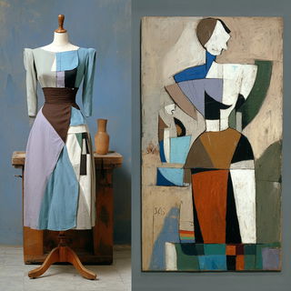 Vesselfolk Cubism style, Midjourney V7: haute-couture fashion outfit