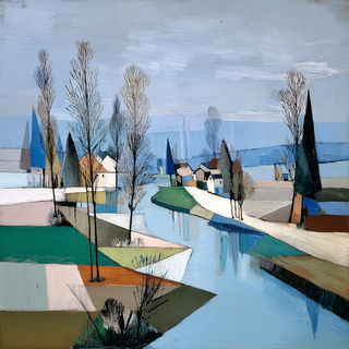 Vesselfolk Cubism style, Midjourney V7: realistic landscape photograph of quiet dawn