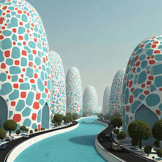 Contourama style, Midjourney V7: megacity with futuristic bioarchitecture
