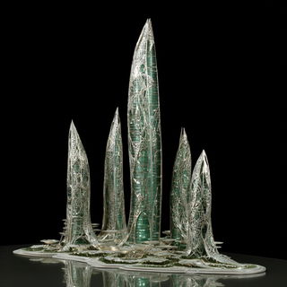 Silver Caustic style, Midjourney V7: megacity with futuristic bioarchitecture