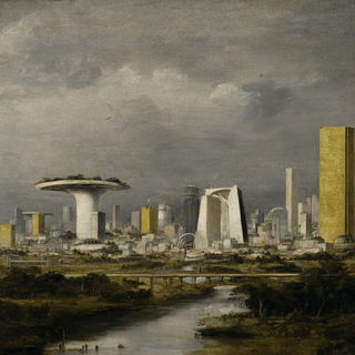 Hushfront Portraiture style, Midjourney V7: megacity with futuristic bioarchitecture