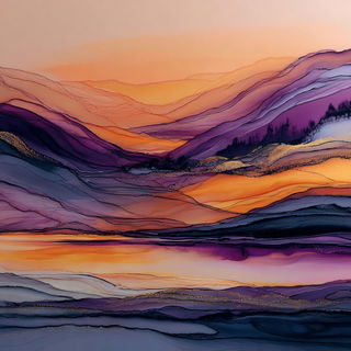 Orchestrion Veinwork style, Midjourney V7: realistic landscape photograph of quiet dawn