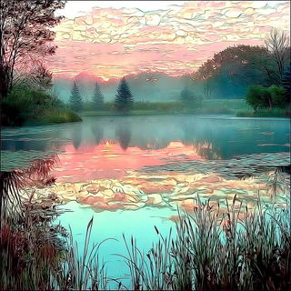 Celcut Rosarium style, Midjourney V7: realistic landscape photograph of quiet dawn