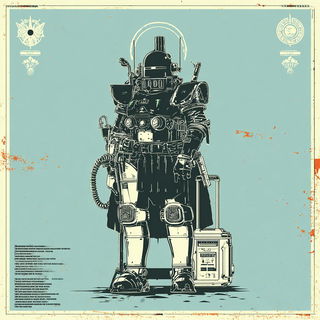 Panel Orbitism style, Midjourney V7: concept art character design of retropunk steam knight