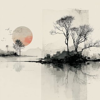 Heronmark style, Midjourney V7: realistic landscape photograph of quiet dawn