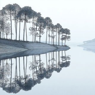 Apocryphal Stagecraft style, Midjourney V7: realistic landscape photograph of quiet dawn