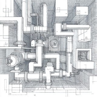 Apocryphal Stagecraft style, Midjourney V7: technical infrastructure blueprint schematics