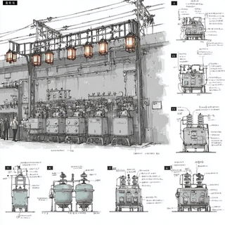 Glaciographica style, Midjourney V7: technical infrastructure blueprint schematics