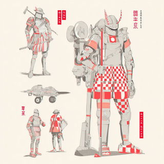 Matsuri Linocollage style, Midjourney V7: concept art character design of retropunk steam knight