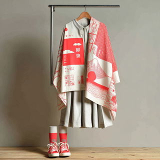 Matsuri Linocollage style, Midjourney V7: haute-couture fashion outfit