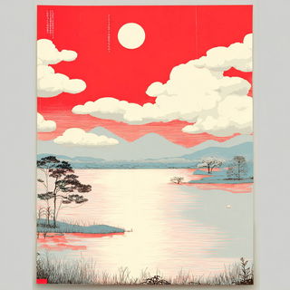 Matsuri Linocollage style, Midjourney V7: realistic landscape photograph of quiet dawn