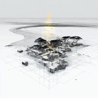 Cortical Terrain style, Midjourney V7: realistic landscape photograph of quiet dawn