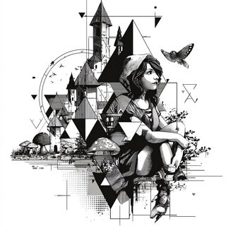 Gridfracture style, Midjourney V7: retro fairy-tale illustration