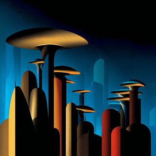 Goldwater Anachorism style, Midjourney V7: megacity with futuristic bioarchitecture