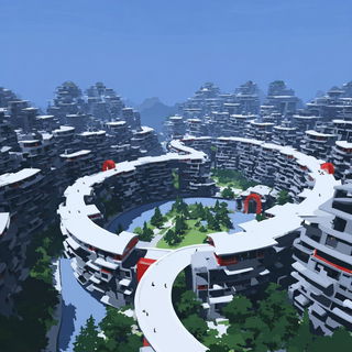 Redstart Cloudrange style, Midjourney V7: megacity with futuristic bioarchitecture