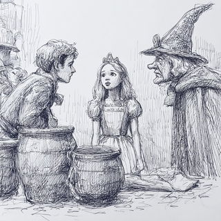 Graphitogravure style, Midjourney V7: retro fairy-tale illustration