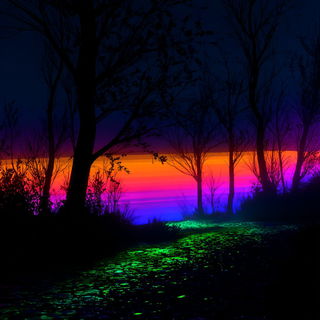 Ultraviolet Stroke Rivers style, Midjourney V7: realistic landscape photograph of quiet dawn