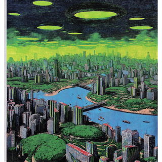 Densitotype style, Midjourney V7: megacity with futuristic bioarchitecture