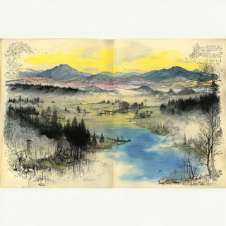 Tendrilarcheology style, Midjourney V7: realistic landscape photograph of quiet dawn