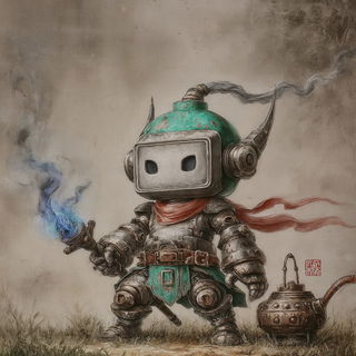 Pavilion Behind the Falls style, Midjourney V7: concept art character design of retropunk steam knight