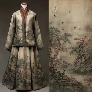 Pavilion Behind the Falls style, Midjourney V7: haute-couture fashion outfit