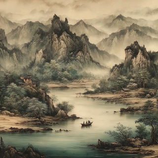 Pavilion Behind the Falls style, Midjourney V7: classical 18th-century oil painting