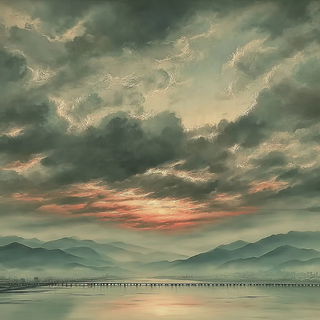 Pavilion Behind the Falls style, Midjourney V7: realistic landscape photograph of quiet dawn