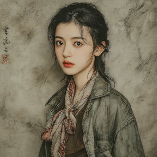Pavilion Behind the Falls style, Midjourney V7: photographic portrait of female protagonist