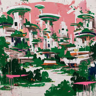 Dripbloom Mercantile style, Midjourney V7: megacity with futuristic bioarchitecture