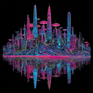 Chromolitho Topographies style, Midjourney V7: megacity with futuristic bioarchitecture