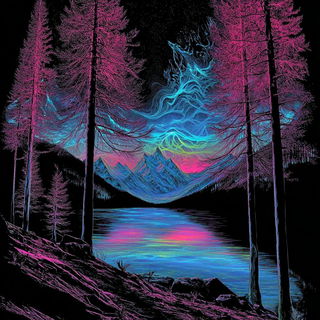 Chromolitho Topographies style, Midjourney V7: realistic landscape photograph of quiet dawn