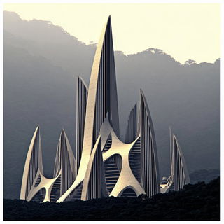 Sandcut Monoliths style, Midjourney V7: megacity with futuristic bioarchitecture